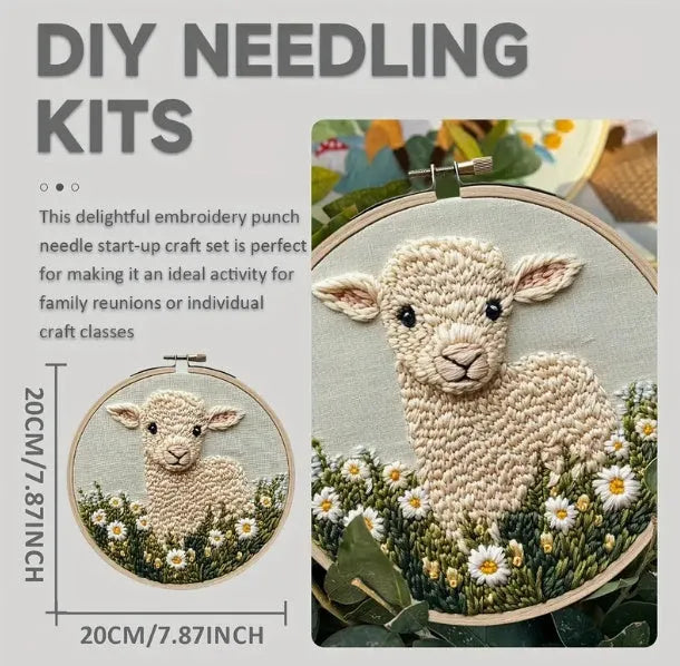Cute cartoon embroidery pin punch start-up process suit sheep style on cloth with hand-woven details