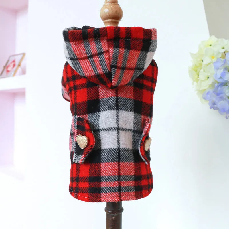 Red plaid polyester pet trench coat for dogs or cats with five size options from XS to XL