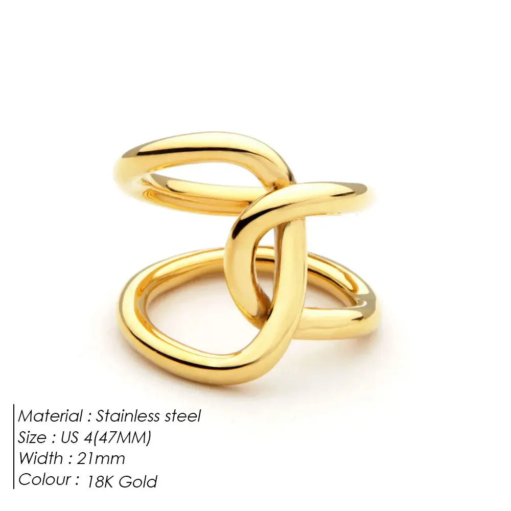 Women's adjustable knotted geometric ring in stainless steel showing U-shape opening design