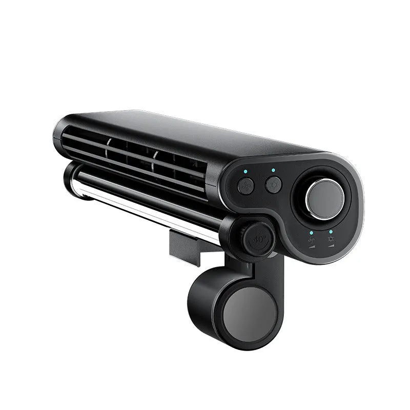 Black USB-powered bladeless fan with integrated lighting lamp clipped to computer screen