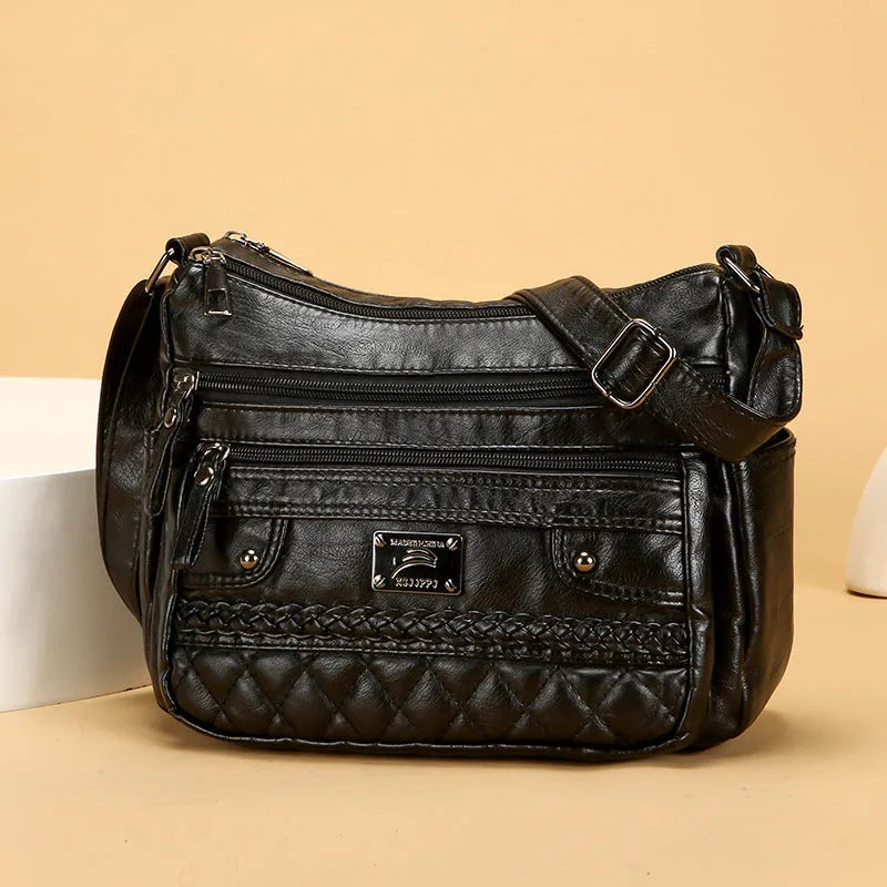 New fashion wash soft PU leather shoulder bag in horizontal square shape, 26x19x8cm, black colour with three-dimensional pocket