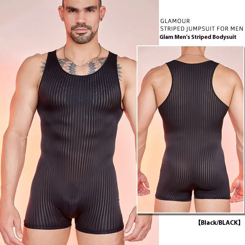 Men's striped jumpsuit in lightweight nylon fabric with vertical bar pattern
