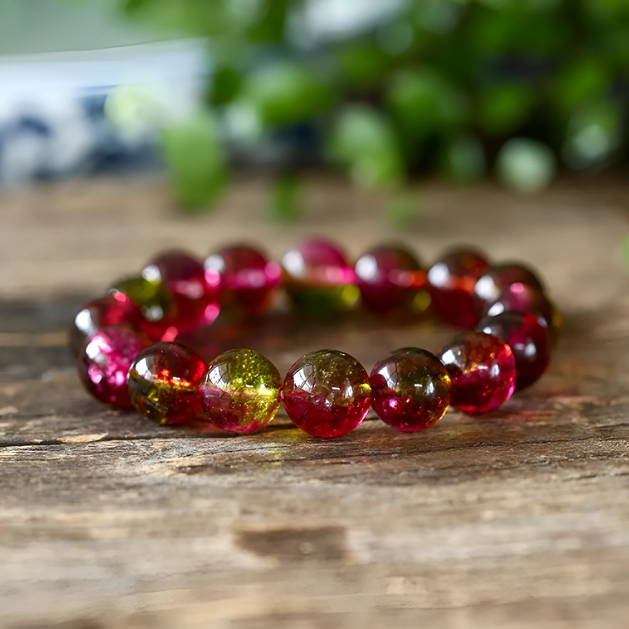 Women's watermelon crystal bracelet showing pastoral design elements on wrist