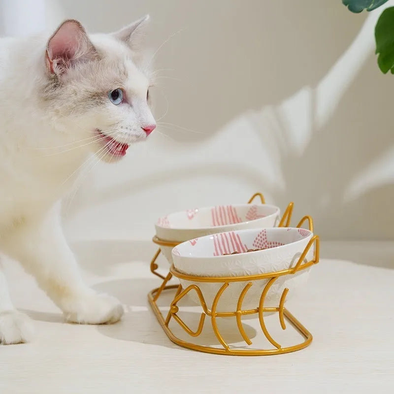 Ceramic double cat bowl set with fixed tilted stand, 26.5 x 12.5cm, 300ml bowls in white with gold cat ear stand