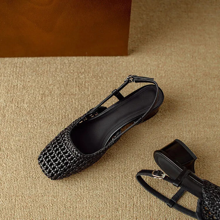 Women's beige woven hollow-out sandals with square toe, buckle, and chunky 4cm heel