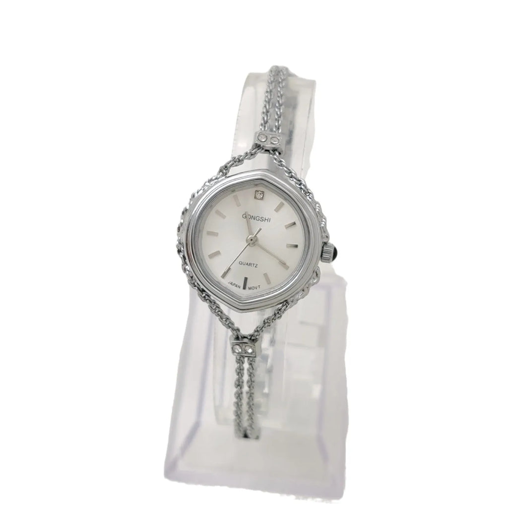 Gold and silver mori style ladies quartz watch with 25mm dial and chain strap