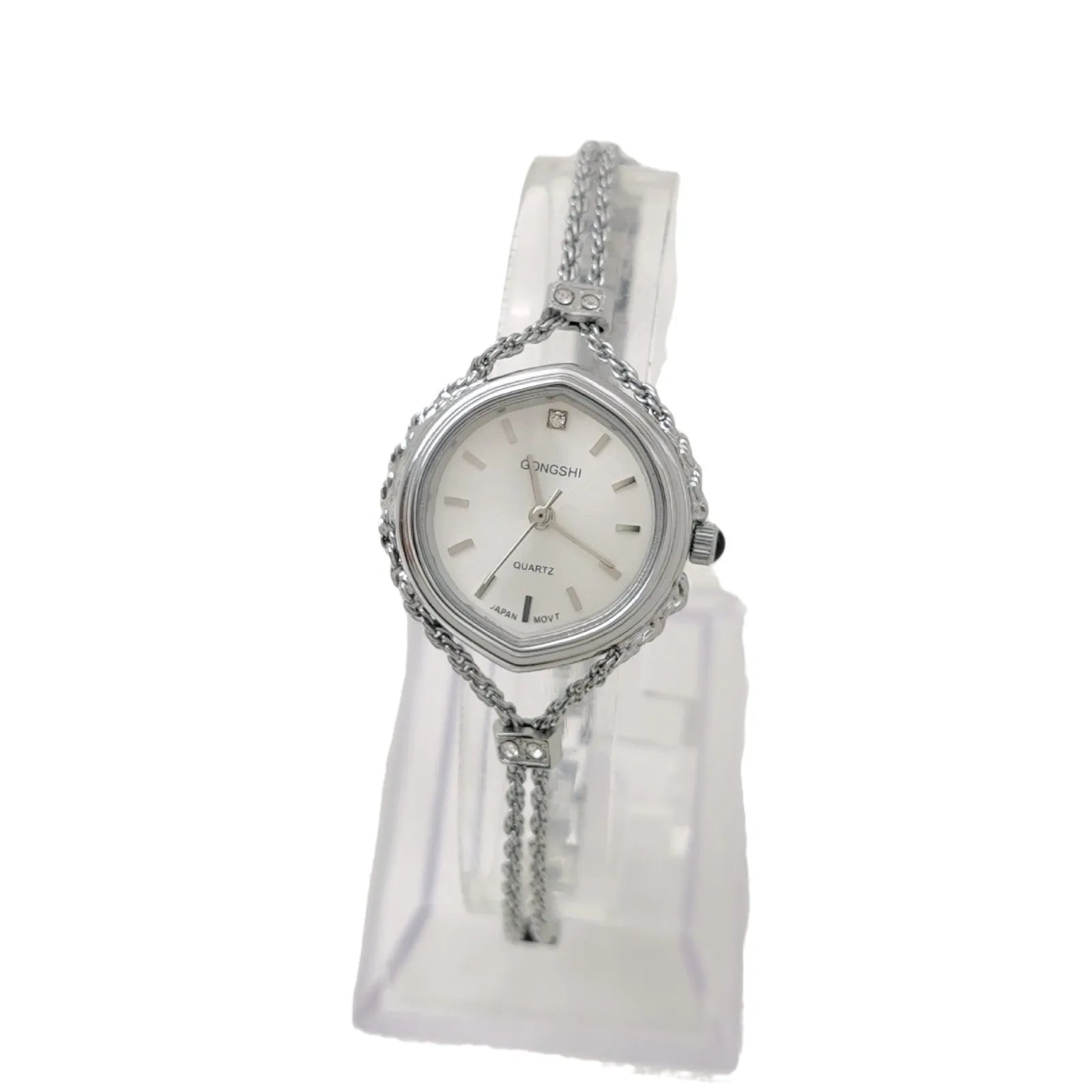 Gold and silver mori style ladies quartz watch with 25mm dial and chain strap