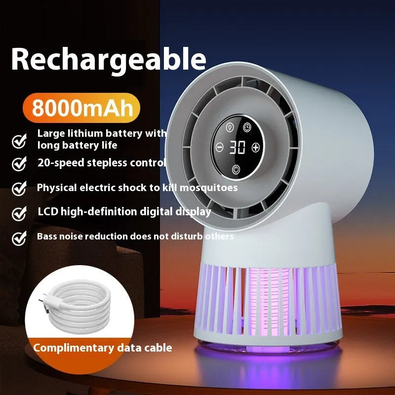 White plastic 2-in-1 mosquito killer and USB desk fan with night light, showing compact bladeless design.