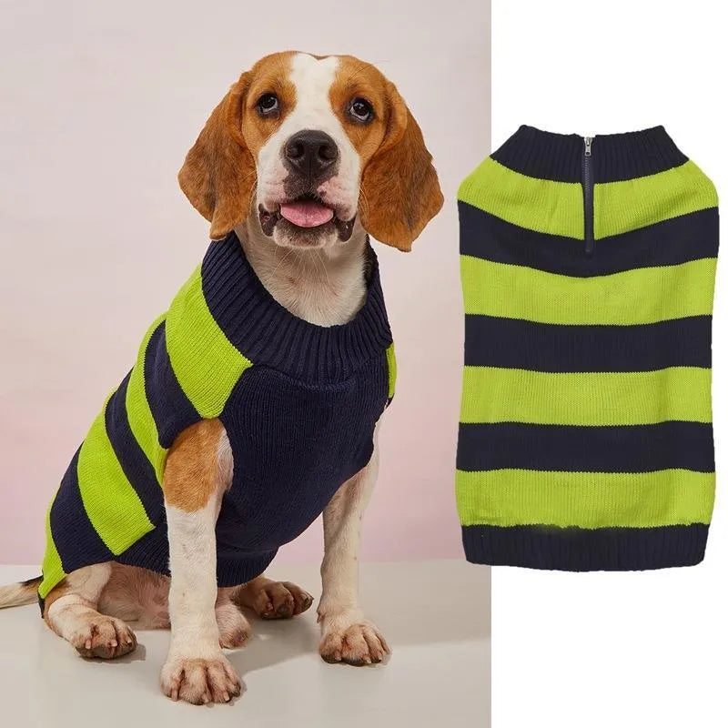 Small medium dog sweater with horizontal zipper and button pocket in contrast colours