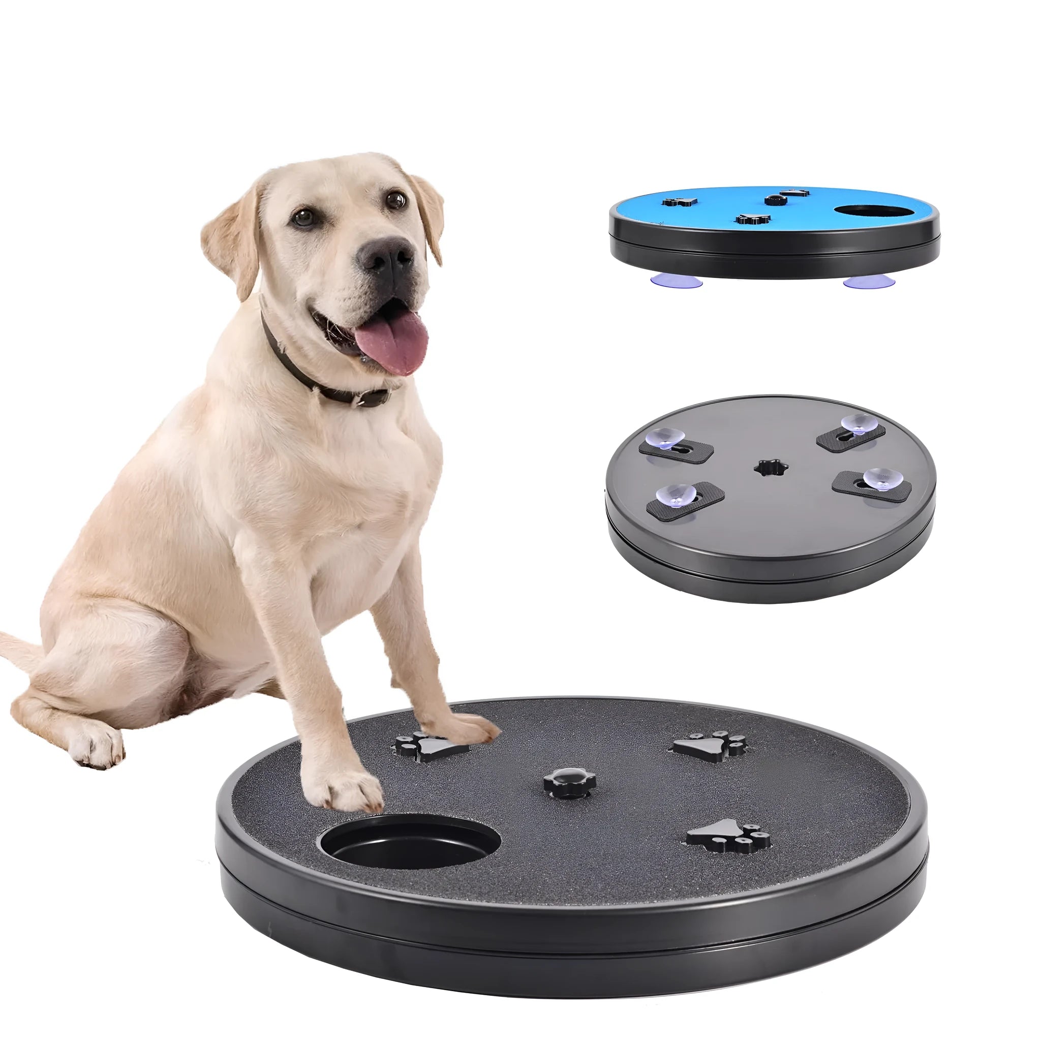 Dog nail grinder scratch pad with rotatable top, food compartments, and suction cup anti-slip base