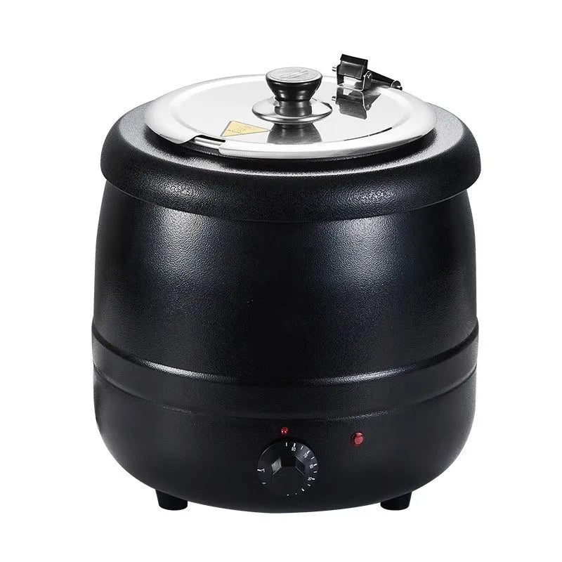 Black electric heating soup pot with stainless steel interior and large mouth cover for commercial kitchen use