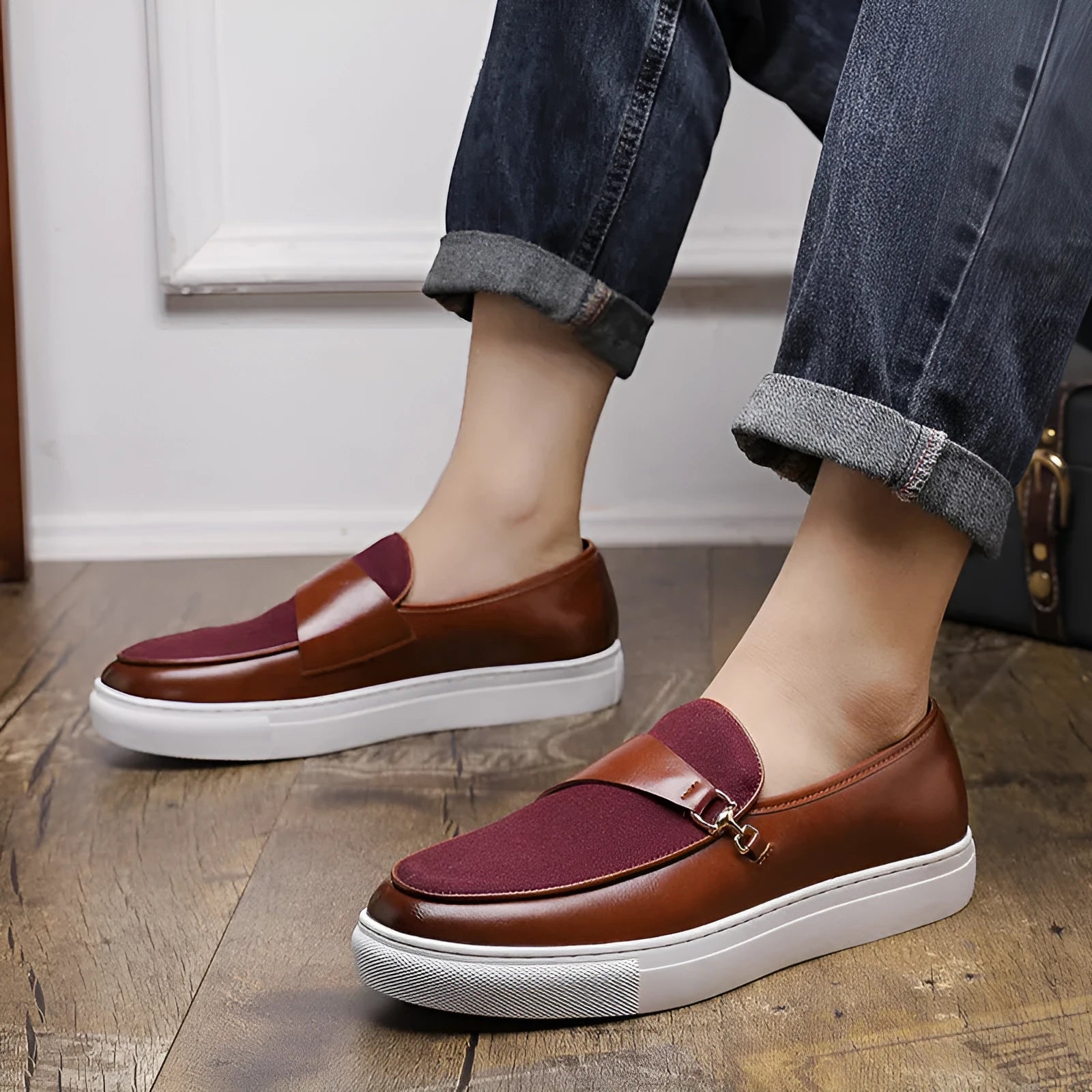 Men's black artificial leather slip-on shoes with a gold horsebit buckle and round toe on a rubber sole.