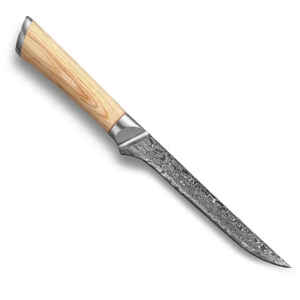 12-piece Damascus steel kitchen knife set with various blade types on a wooden block.