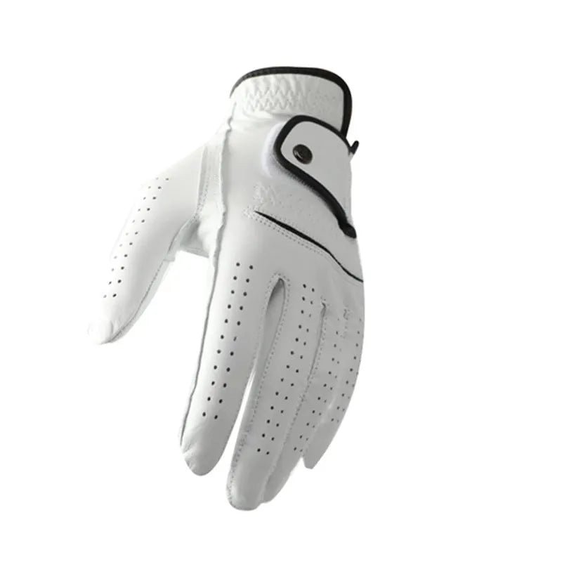 White half sheepskin golf glove for men, showing non-slip palm and breathable design.