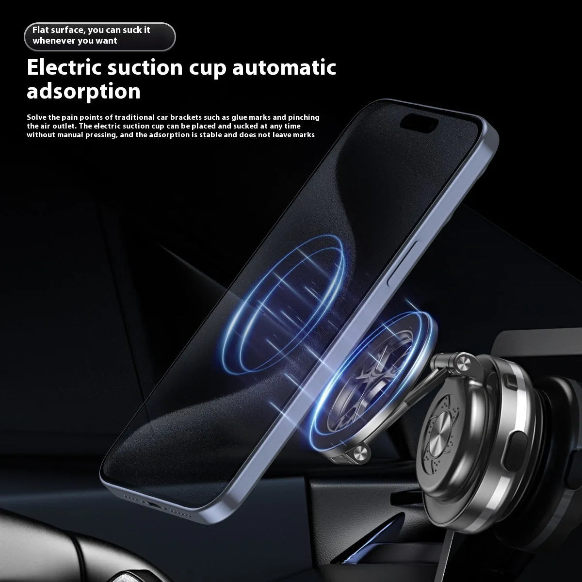 Vacuum adsorption car phone holder in Deep Space Gray with electric magnetic rotating folding stand for smartphones over 4.7 inches
