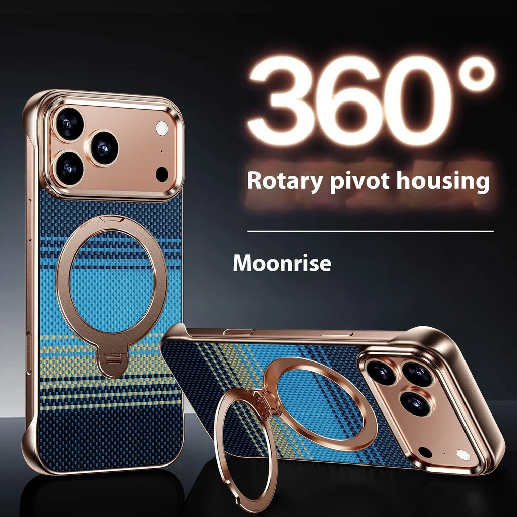 Black aramid fiber frameless phone case with bracket for iPhone 15 Pro Max