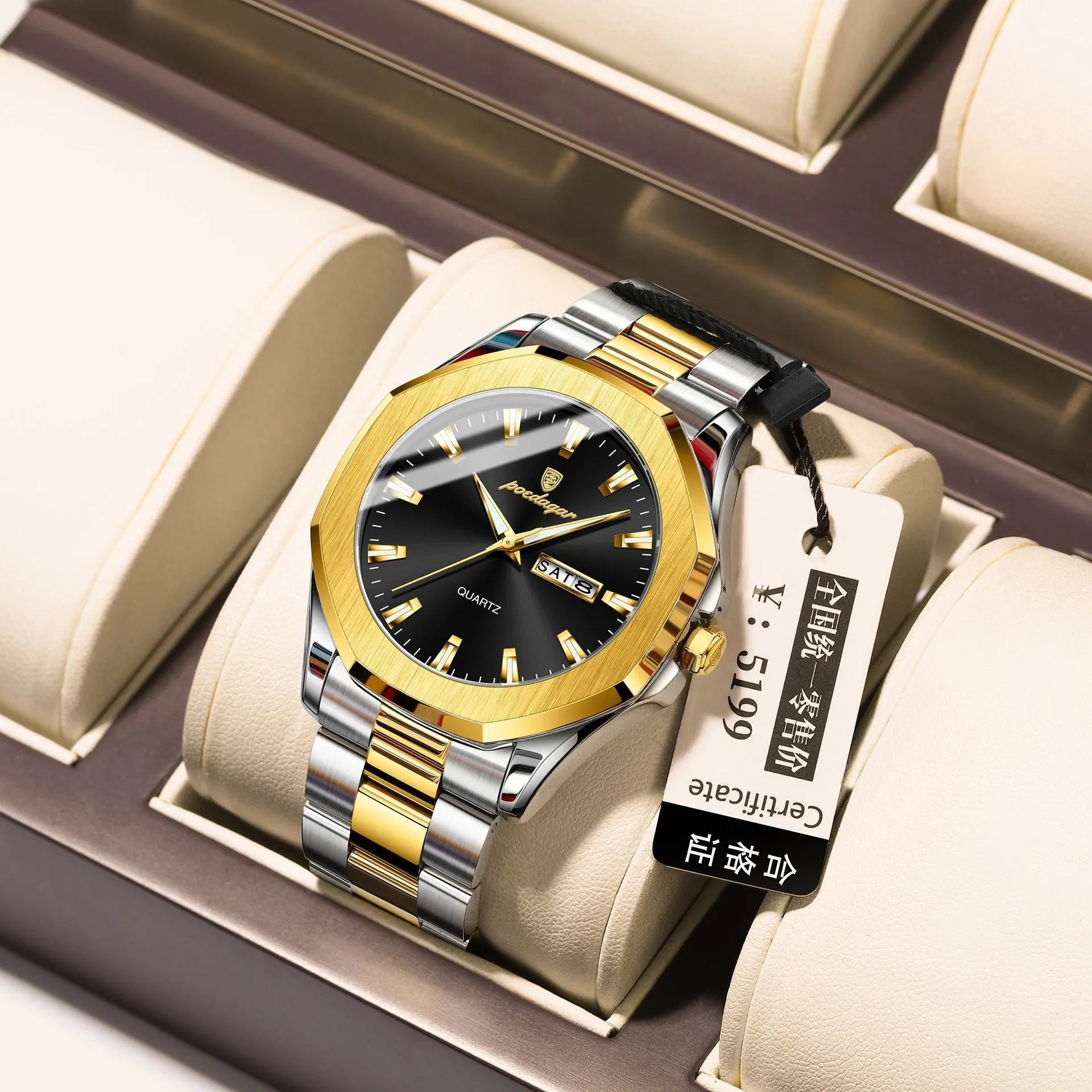 Men's steel strap quartz watch with 9mm case in gold and blue colour combination