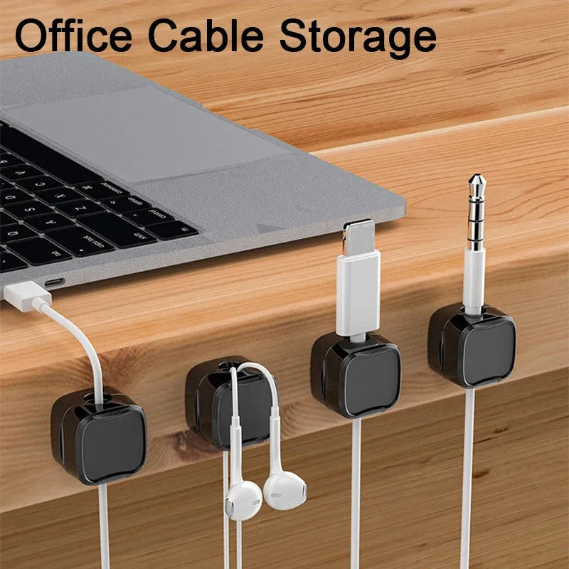 Magnetic cable management clips in white and black with adhesive backing