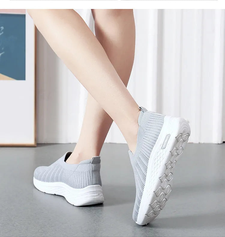 Women's casual mesh slip-on shoes, breathable sock style, soft plastic sole, available in black grey khaki pink