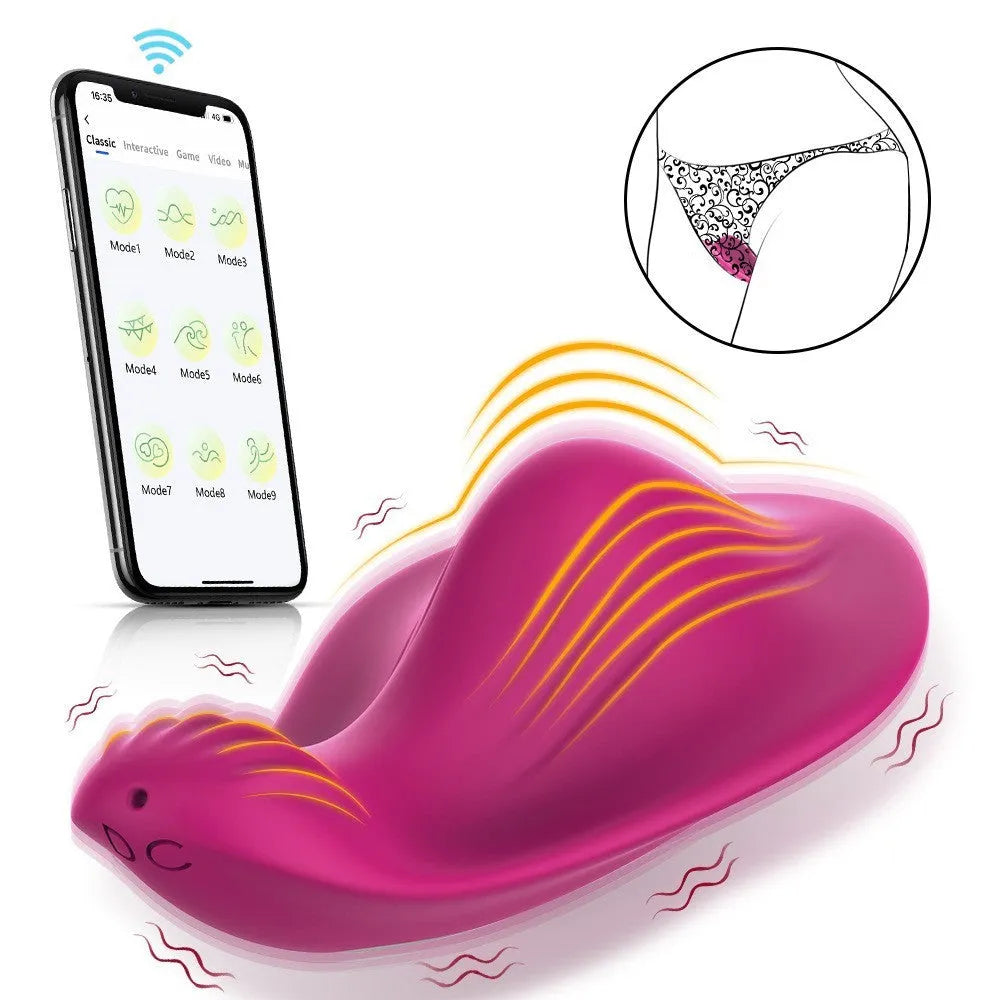 Rose red silicone butterfly vibrator with USB charging port and smartphone APP remote control