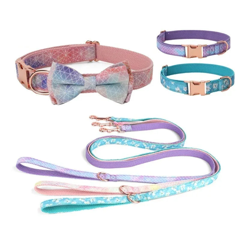 Polyester pet collar with rose gold buckle and adjustable decorative bow in multiple colour options