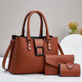 Women's three-piece crossbody bag set in square vertical shape with multiple compartments and textured design