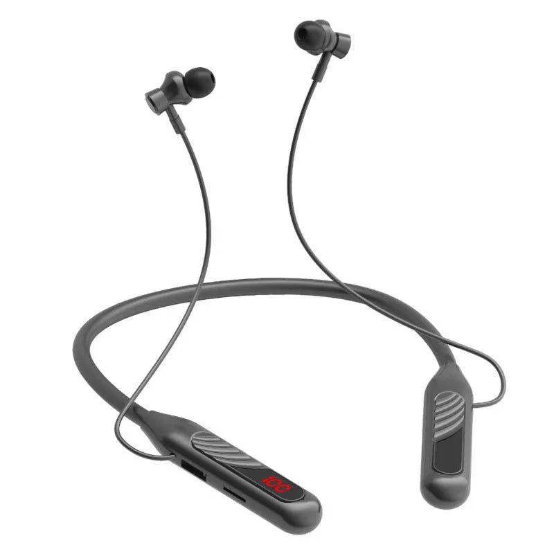 Wireless Bluetooth headset in black with sports halter design and earbuds