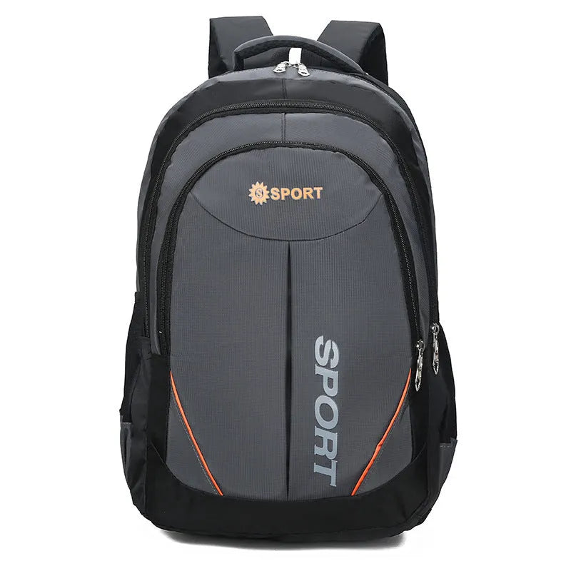 Large capacity men's nylon backpack with curved shoulder straps in black colour showing letter print detail