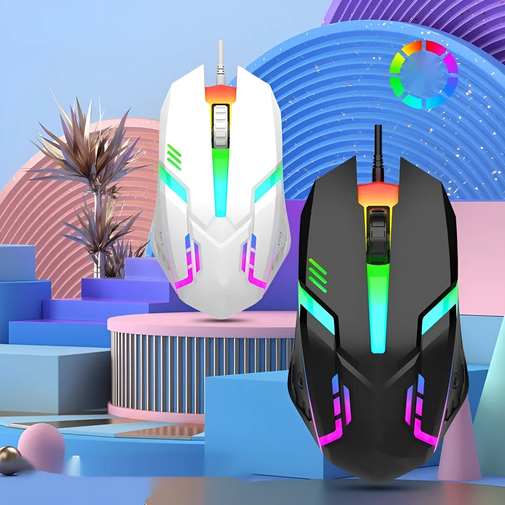 E-sports weighted wired USB gaming mouse in black on a desk