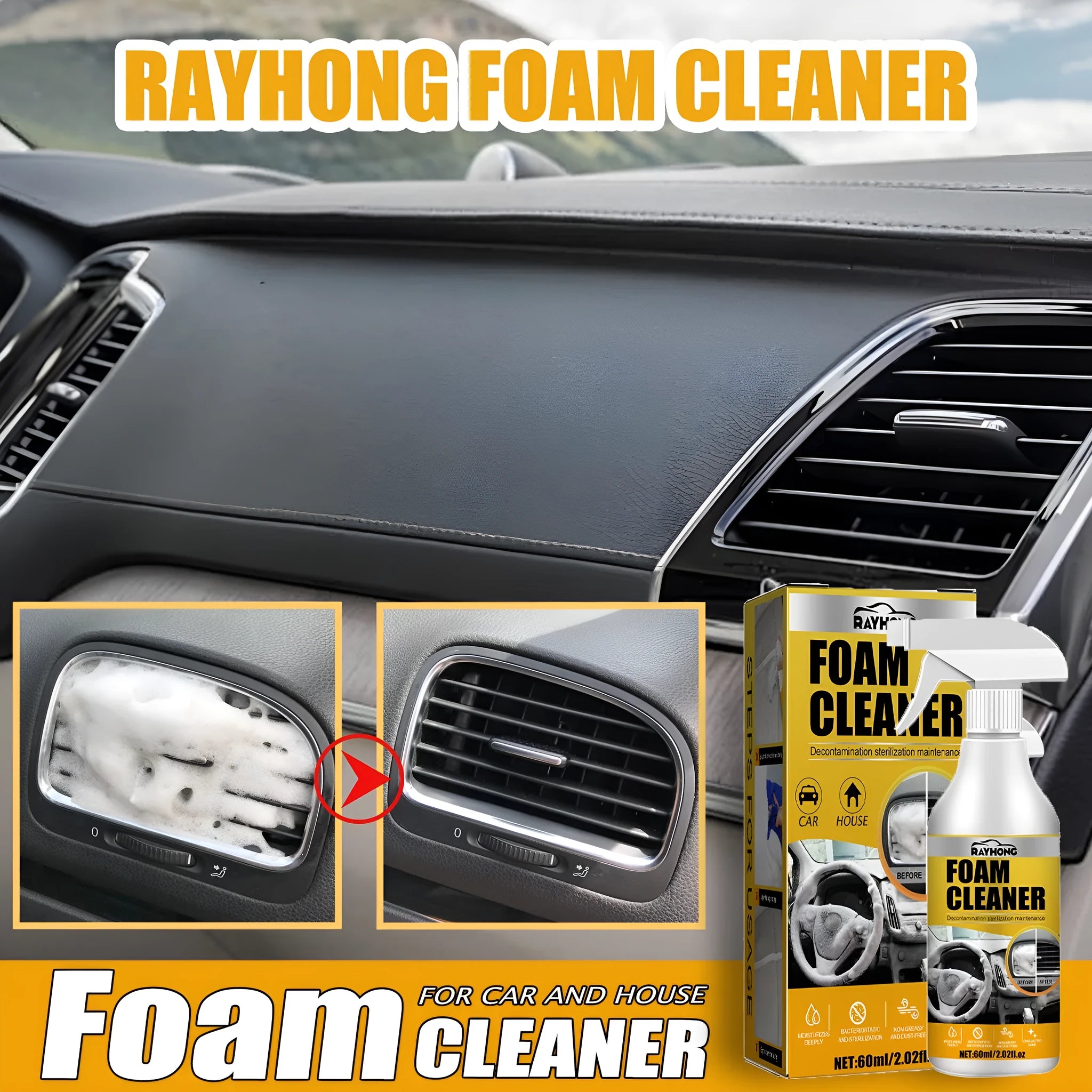 60ml car interior foamed cleaner bottle and 10cm sponge for wash-free upholstery cleaning