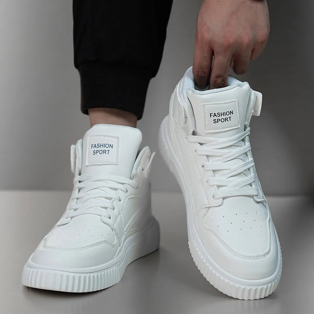 White men's casual shoes with round toe and microfiber upper for autumn and winter.