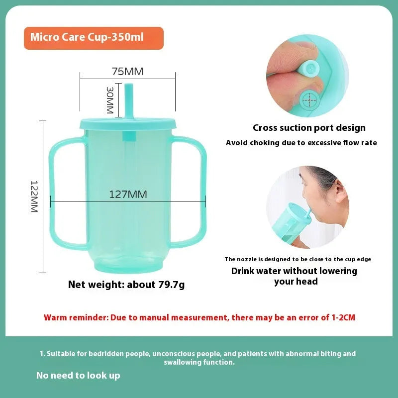Oblique mouth anti-choke bed care cup with handle and optional wrist splint attachment