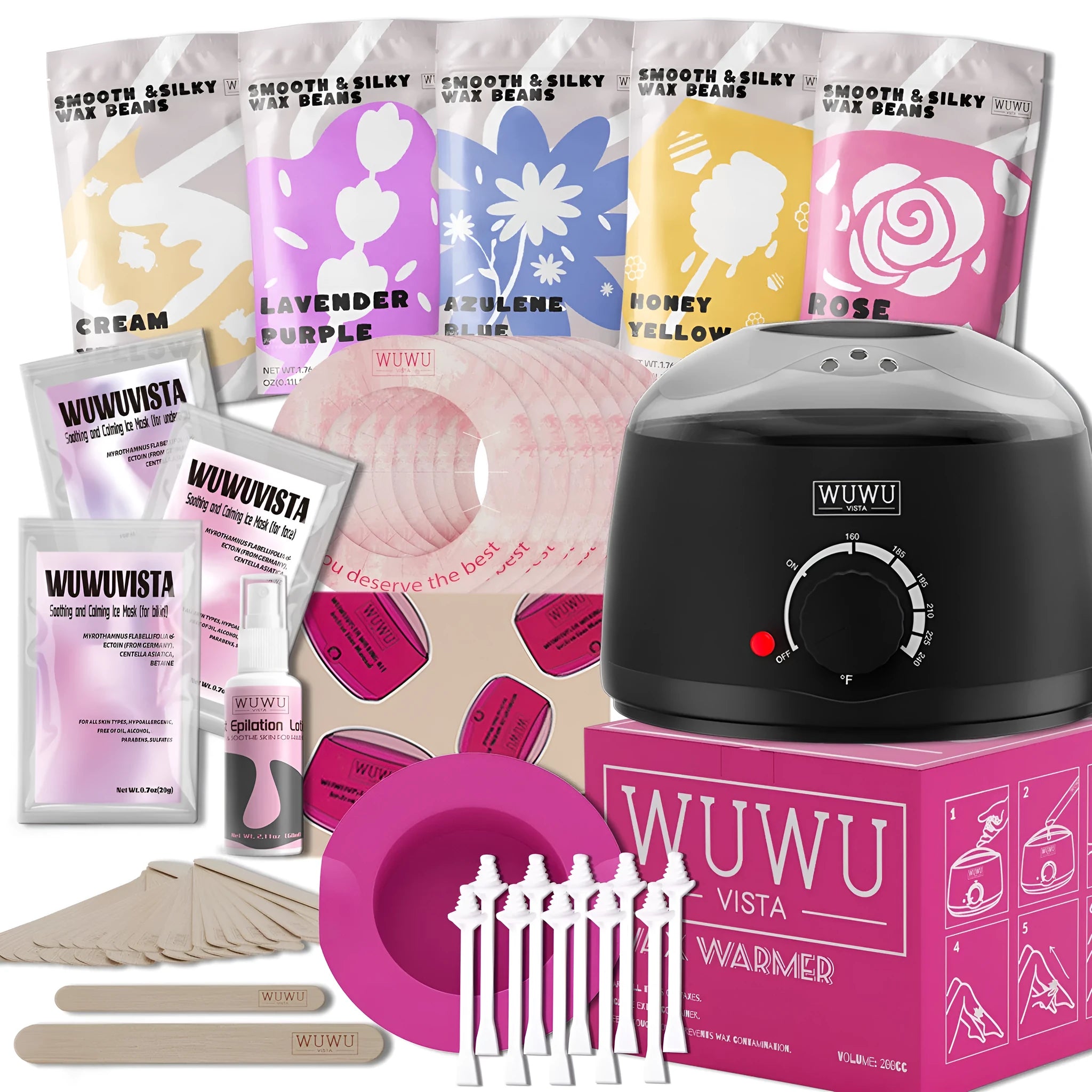 52 piece professional waxing kit with hard wax beans, warmer, and post treatment products