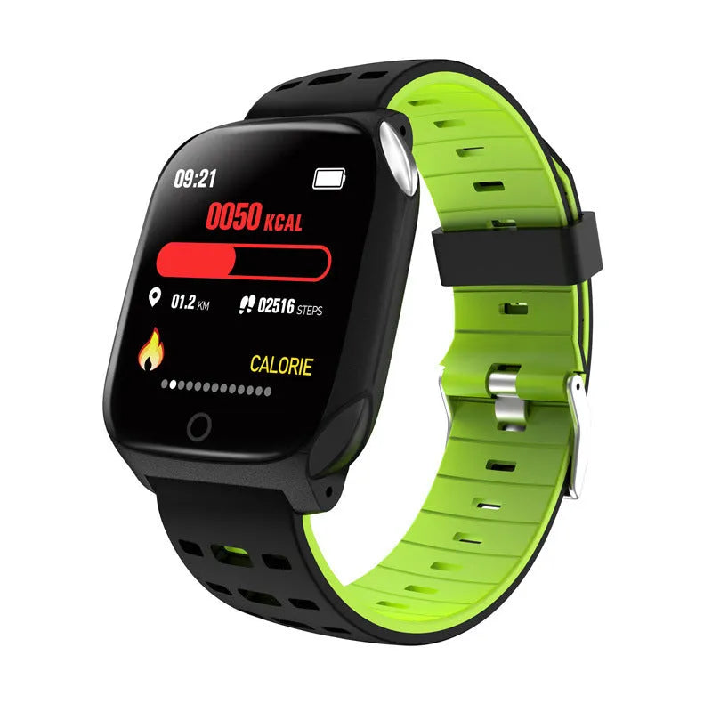 F16 smart watch with ECG monitor on a silicone wristband, showing the IPS display and physical button.