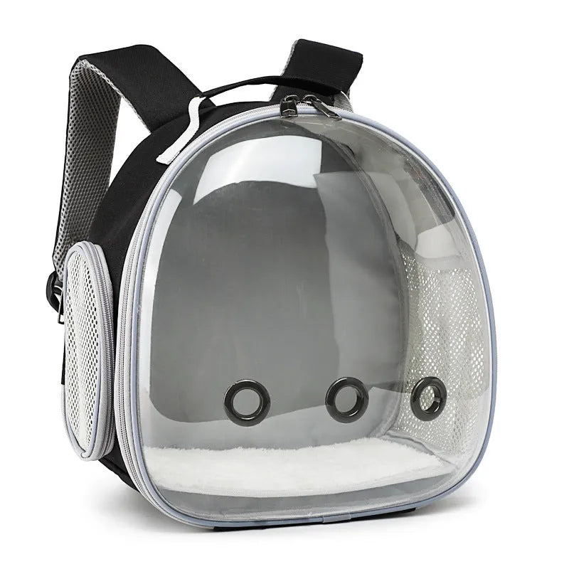 Pet backpack hamster carrier with clear bubble window in black showing side mesh vent