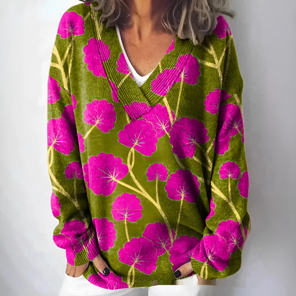Women's floral pattern printed V-neck sweatshirt with 3D effect and long sleeves in colour E073