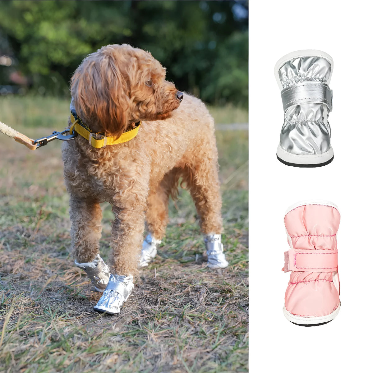 Winter pet dog snow boots in grey, waterproof and antifreeze, with non-slip sole for small dogs