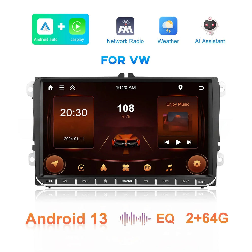7-inch Android car stereo with touchscreen display for Volkswagen vehicles featuring wireless CarPlay and built-in navigation