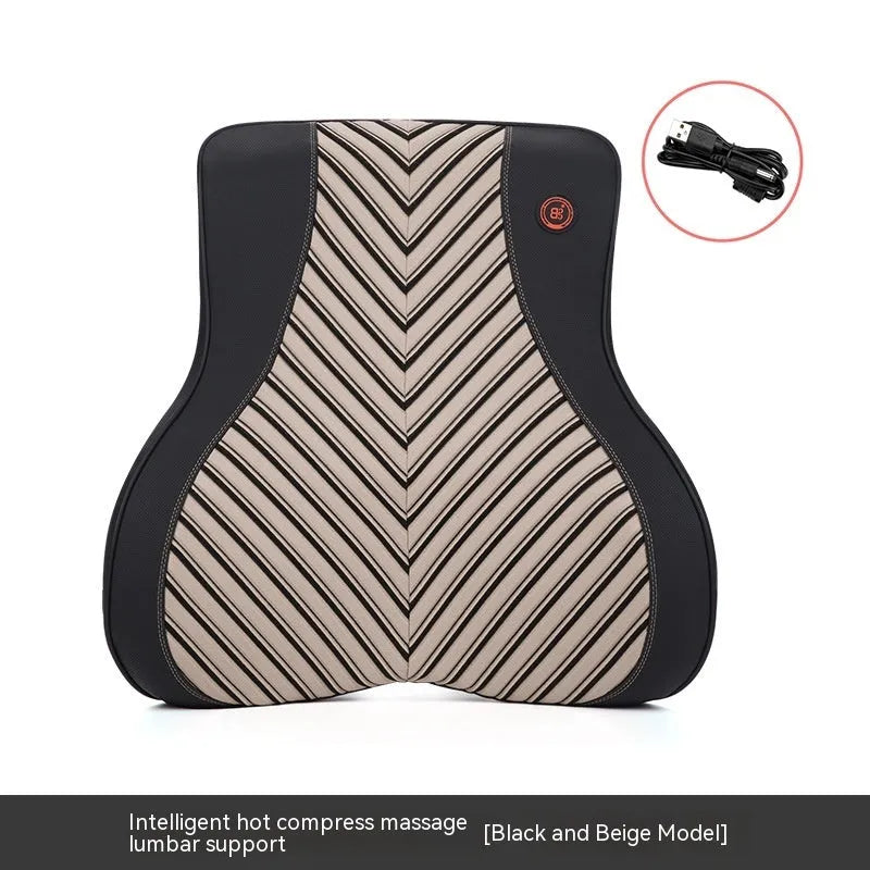 Black and orange electric heating massage car headrest and lumbar support cushion on a car seat.