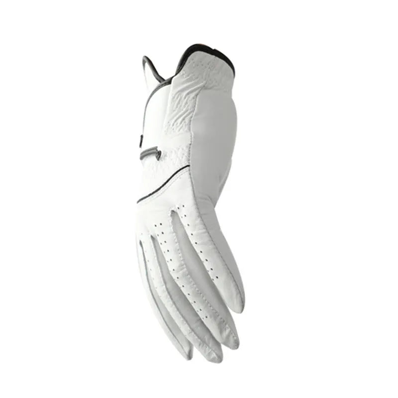White half sheepskin golf glove for men, showing non-slip palm and breathable design.