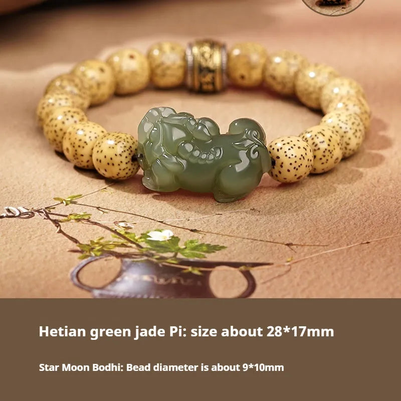 Traditional Chinese Hetian jade bracelet with black and red braided ropes and jade beads on elastic cord