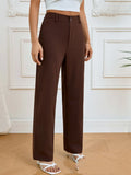 Dark brown women's straight-leg trousers with elastic waist pleated pocket mid-waist design