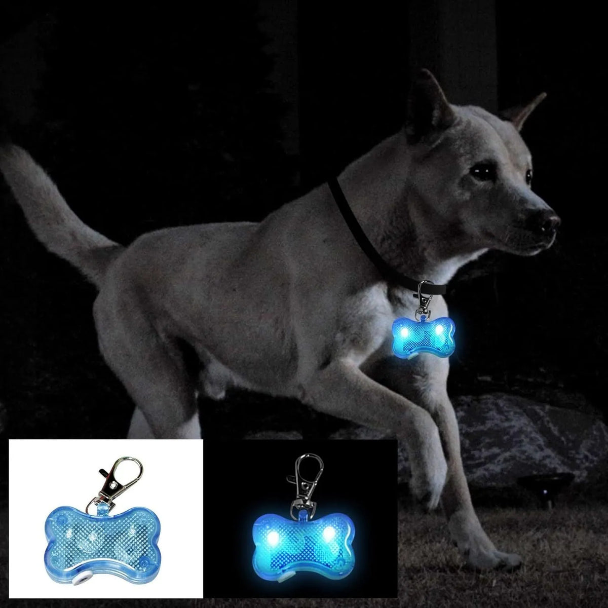 Pet LED luminous pendant in blue on a cat collar with three light mode options
