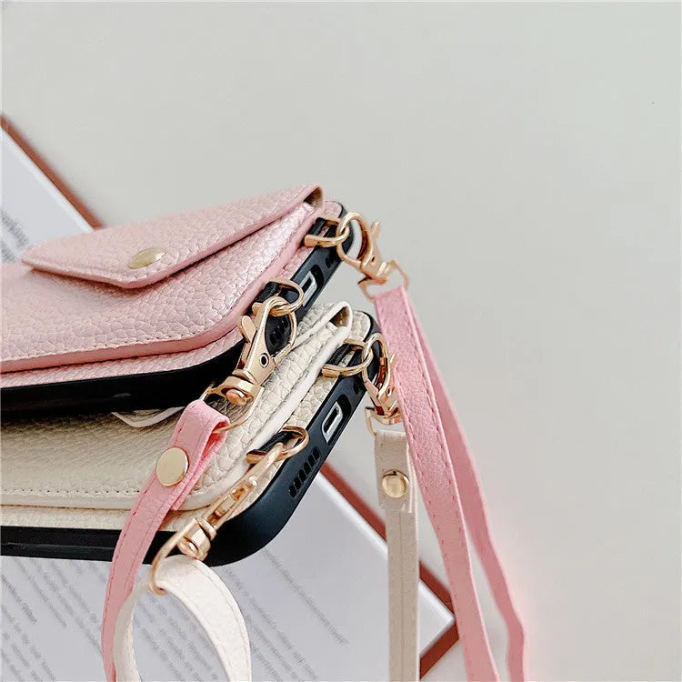 Lychee pattern card holder phone case in black with diagonal card slot and long rope