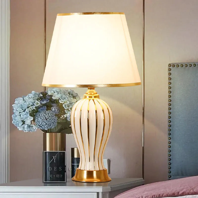 Ceramic table lamp with vertical stripe pattern and touch or remote switch for bedroom or living room