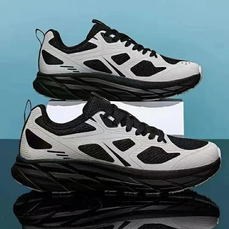 Breathable mesh casual running sneakers in red, beige, green, grey, and black colours with round toe.