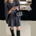 Age-reducing knitted vest skirt and long-sleeved cardigan set in gray, 3D effect pattern, pleated mid skirt with belt