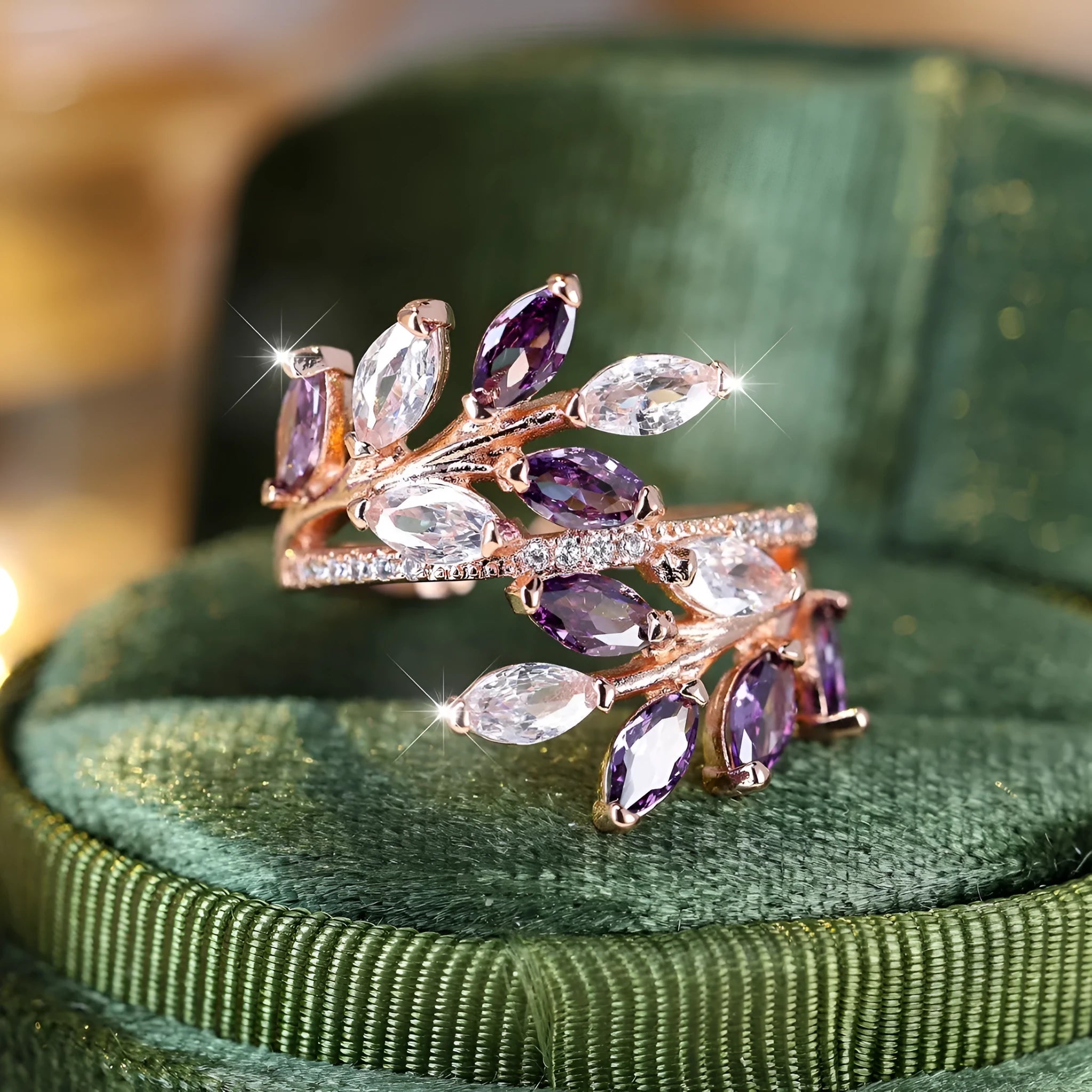 Adjustable horse eye zircon leaf fashion ring in rose gold and platinum plating options