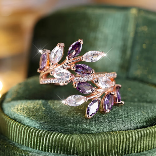 Adjustable horse eye zircon leaf fashion ring in rose gold and platinum plating options