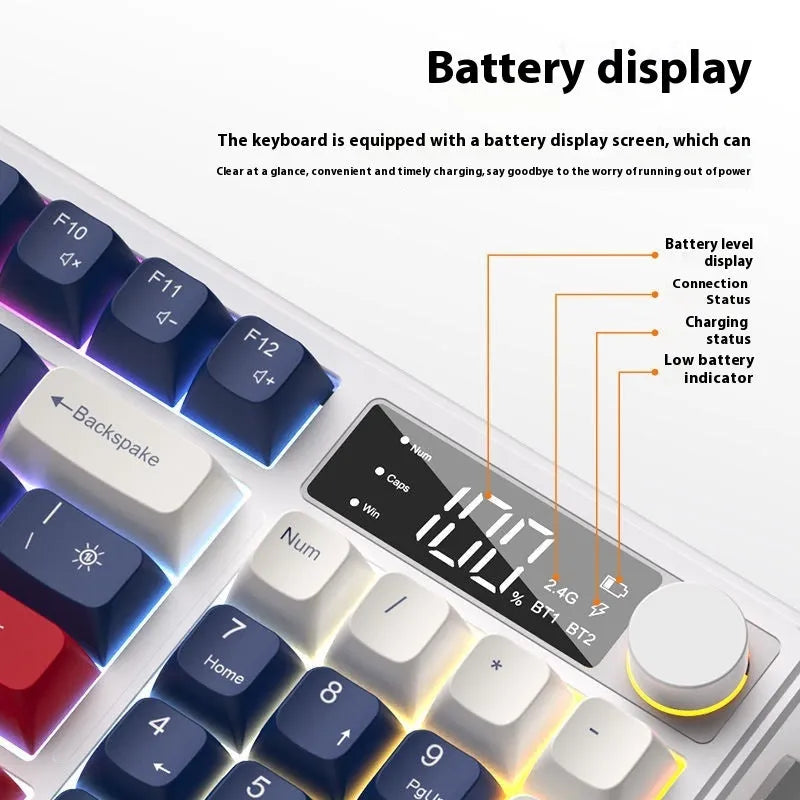 A blue and white two-tone wireless keyboard and mouse combo with mechanical-feel keys on a wooden desk.